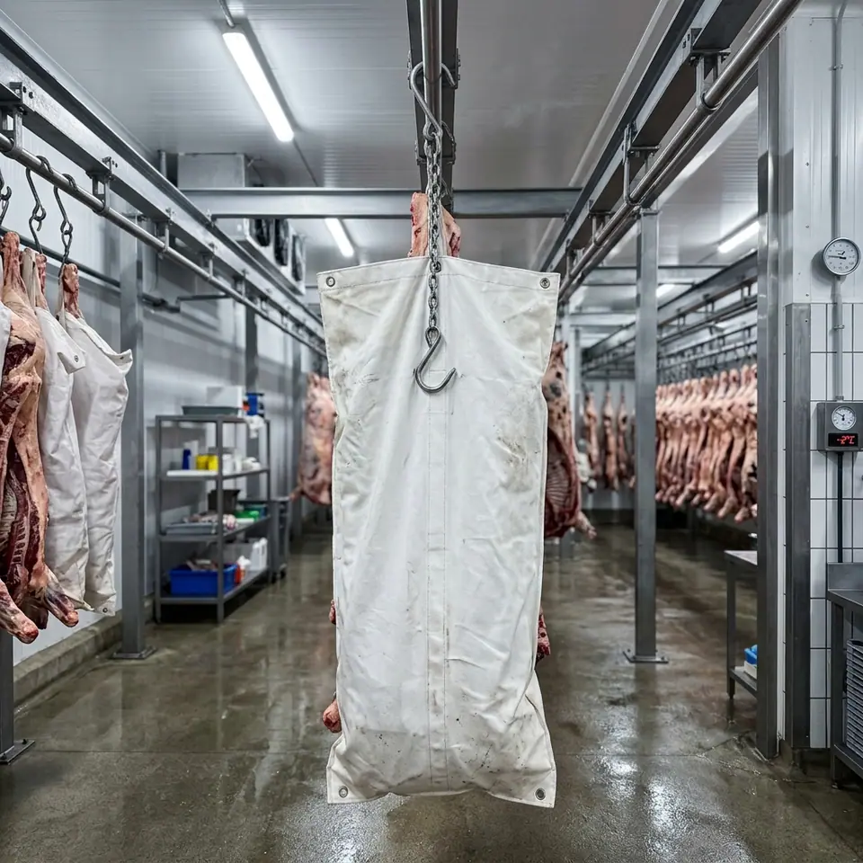 White knitted beef carcass bag hanging on a hook in a refrigerated cold room