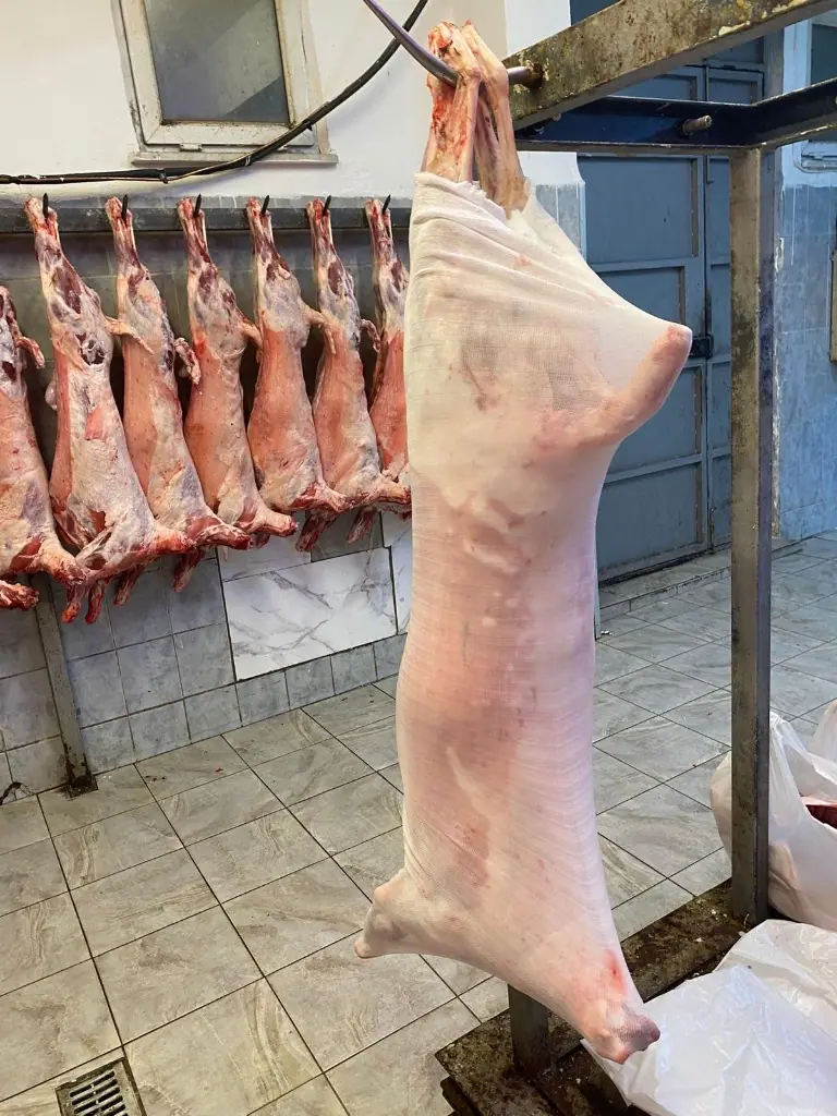 Lamb carcass in white stockinette hanging on a rail in an abattoir